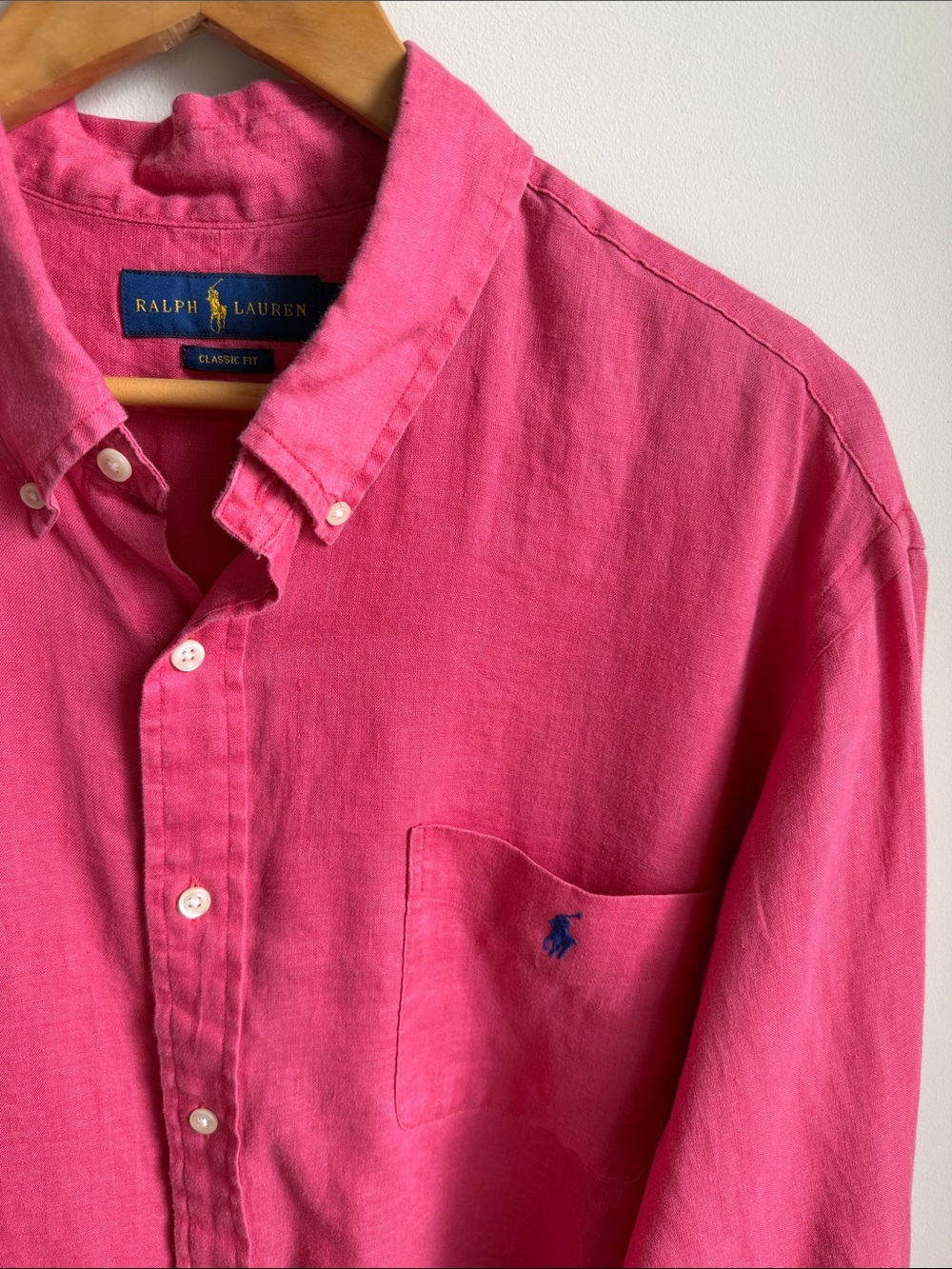Ralph Lauren 100% Linen Pocket LS Button Down Coral Shirt Navy Pony Mens XXL